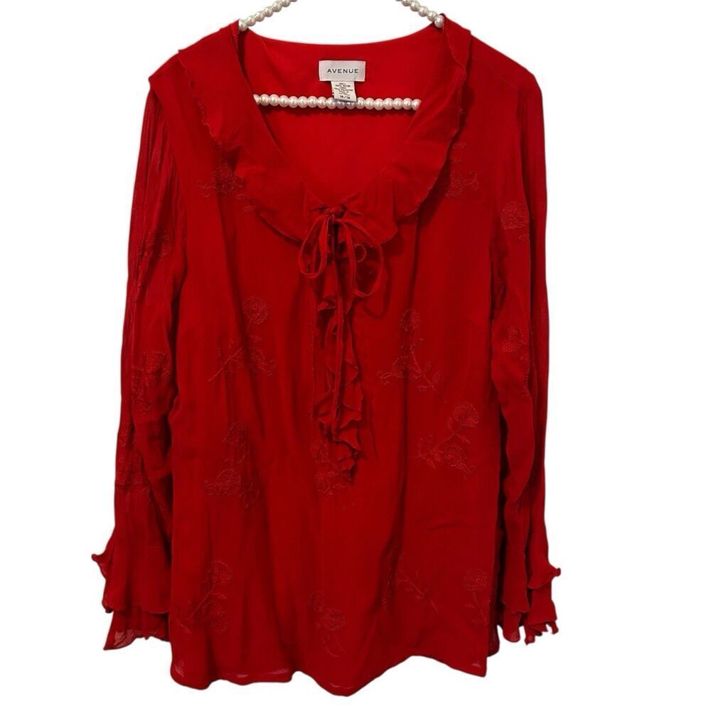 Avenue Blouse Women's 14 Red Long Sleeve Ruffle Blouse Boho Feminine Fairy